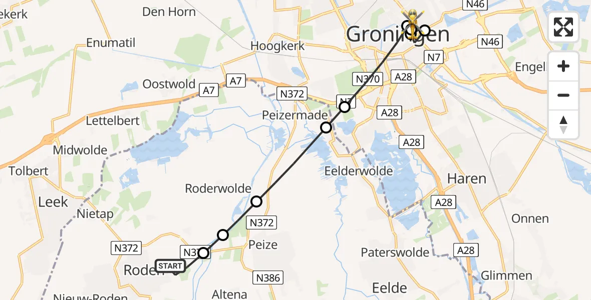 Vluchtroute Traumahelikopter van Roden naar Universitair Medisch Centrum Groningen