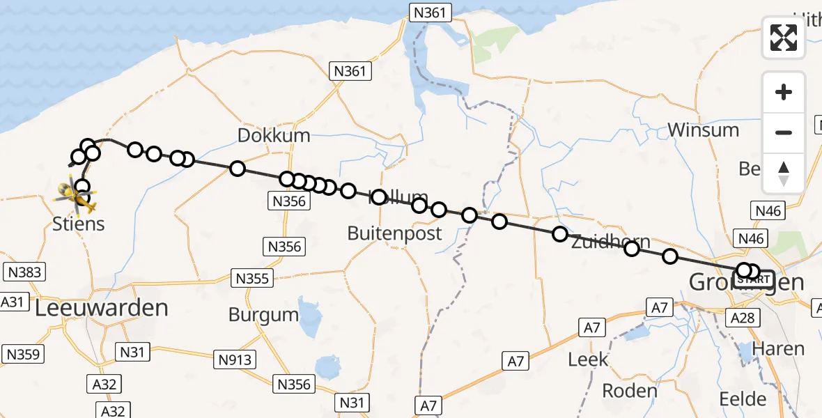 Vluchtroute Traumahelikopter van Universitair Medisch Centrum Groningen naar Feinsum