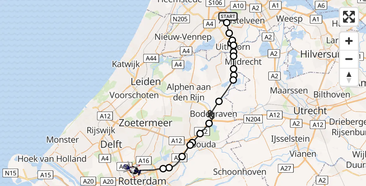 Vluchtroute Politiehelikopter van Amsterdam Vliegveld Schiphol naar Rotterdam The Hague Airport