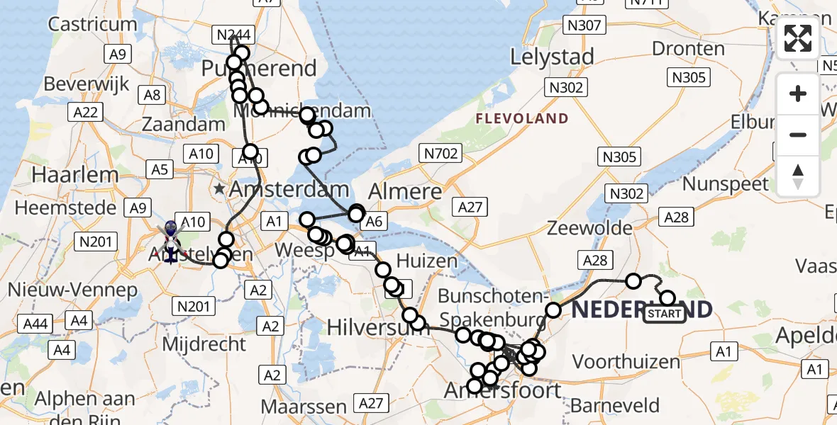 Vluchtroute Politiehelikopter van Putten naar Amsterdam Vliegveld Schiphol