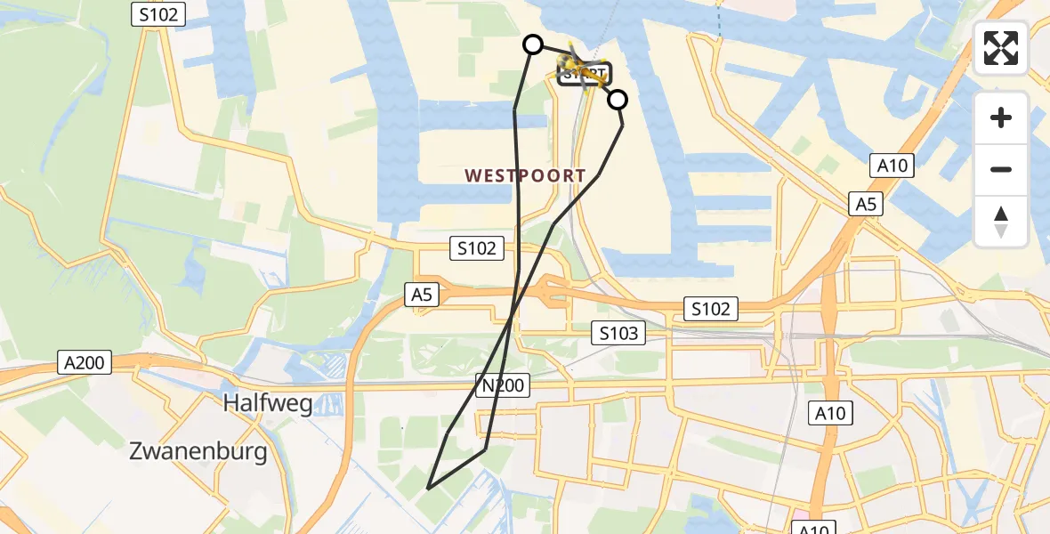Vluchtroute Traumahelikopter van Amsterdam Heliport naar Amsterdam Heliport