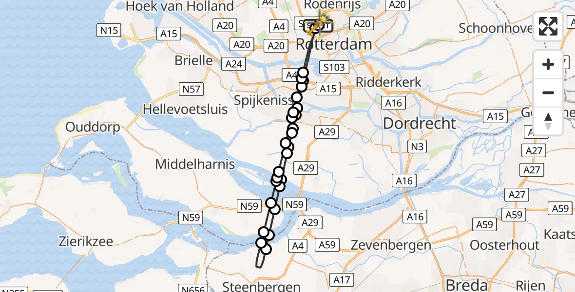Vluchtroute Traumahelikopter van Rotterdam The Hague Airport naar Rotterdam The Hague Airport