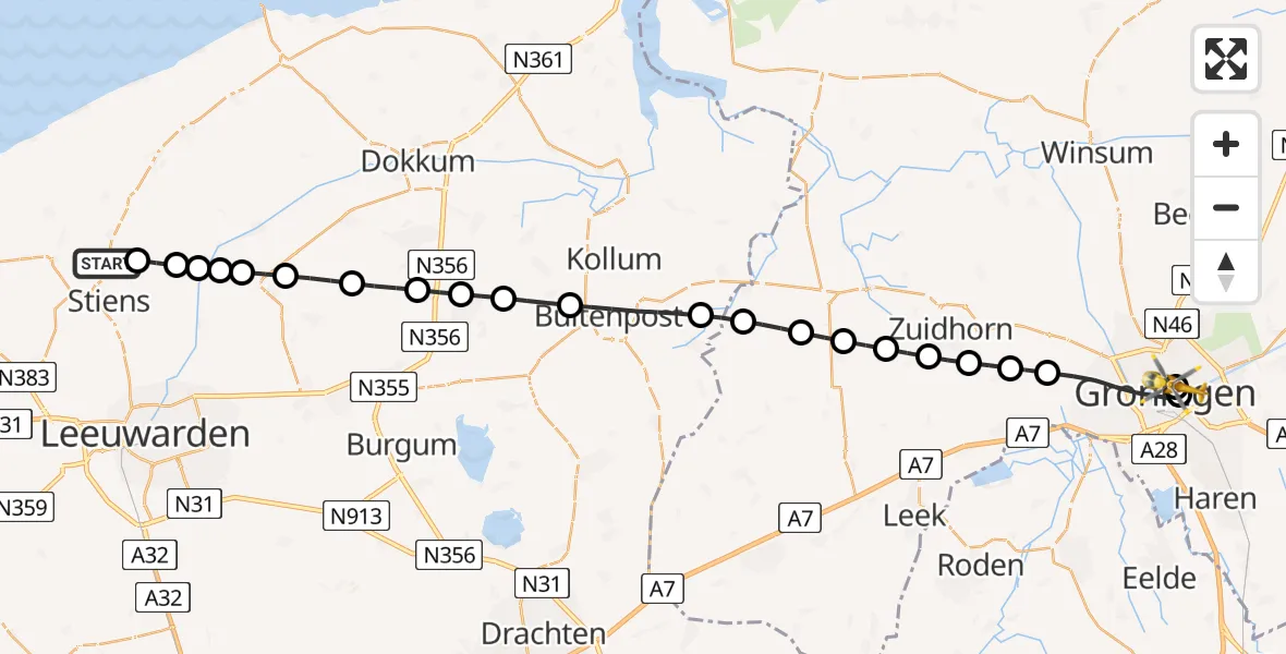 Vluchtroute Traumahelikopter van Feinsum naar Universitair Medisch Centrum Groningen