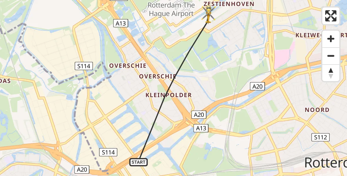 Vluchtroute Traumahelikopter van Rotterdam naar Rotterdam