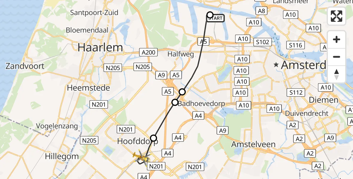 Vluchtroute Traumahelikopter van Amsterdam Heliport naar Hoofddorp