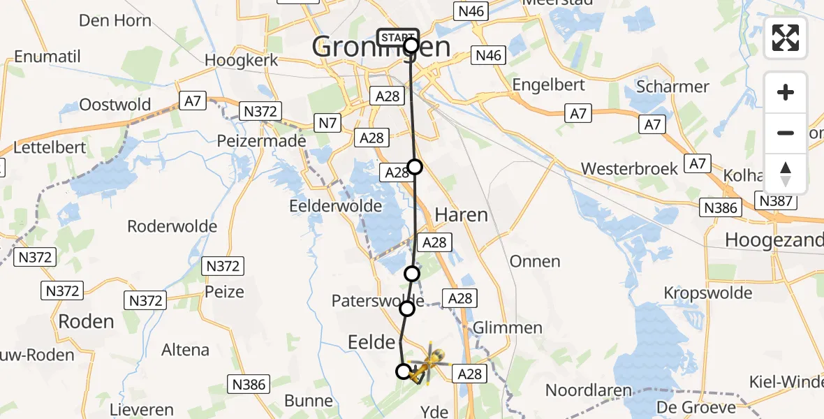 Vluchtroute Traumahelikopter van Universitair Medisch Centrum Groningen naar Groningen Airport Eelde