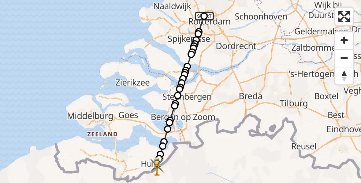 Vluchtroute Traumahelikopter van Rotterdam The Hague Airport naar Clinge