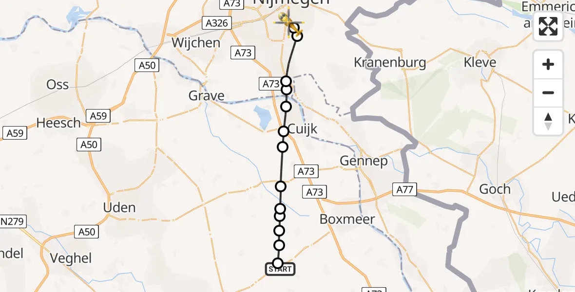 Vluchtroute Traumahelikopter van Oploo naar Radboud University Medical Center Heliport