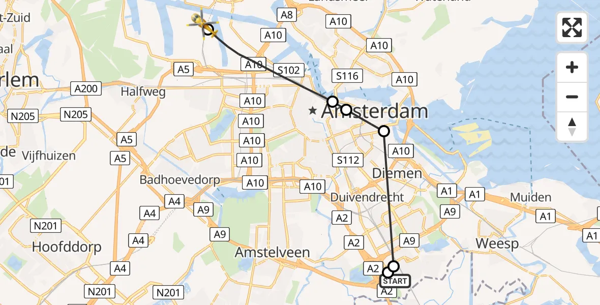 Vluchtroute Traumahelikopter van Amsterdam UMC Helipad naar Amsterdam Heliport