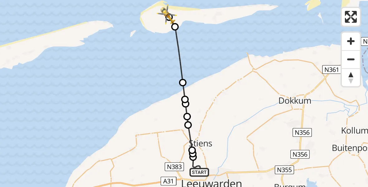 Vluchtroute Ambulancehelikopter van Vliegbasis Leeuwarden naar Ameland Vliegveld Ballum