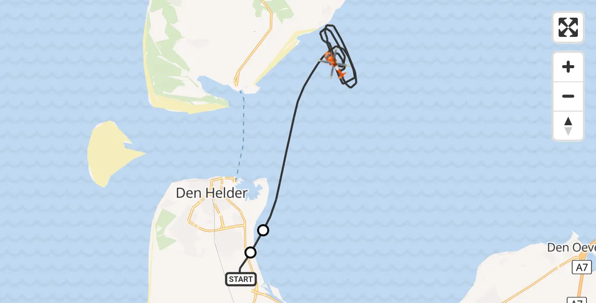 Vluchtroute Kustwachthelikopter van Militair vliegveld De Kooy / Den Helder Airport naar Waddenzee