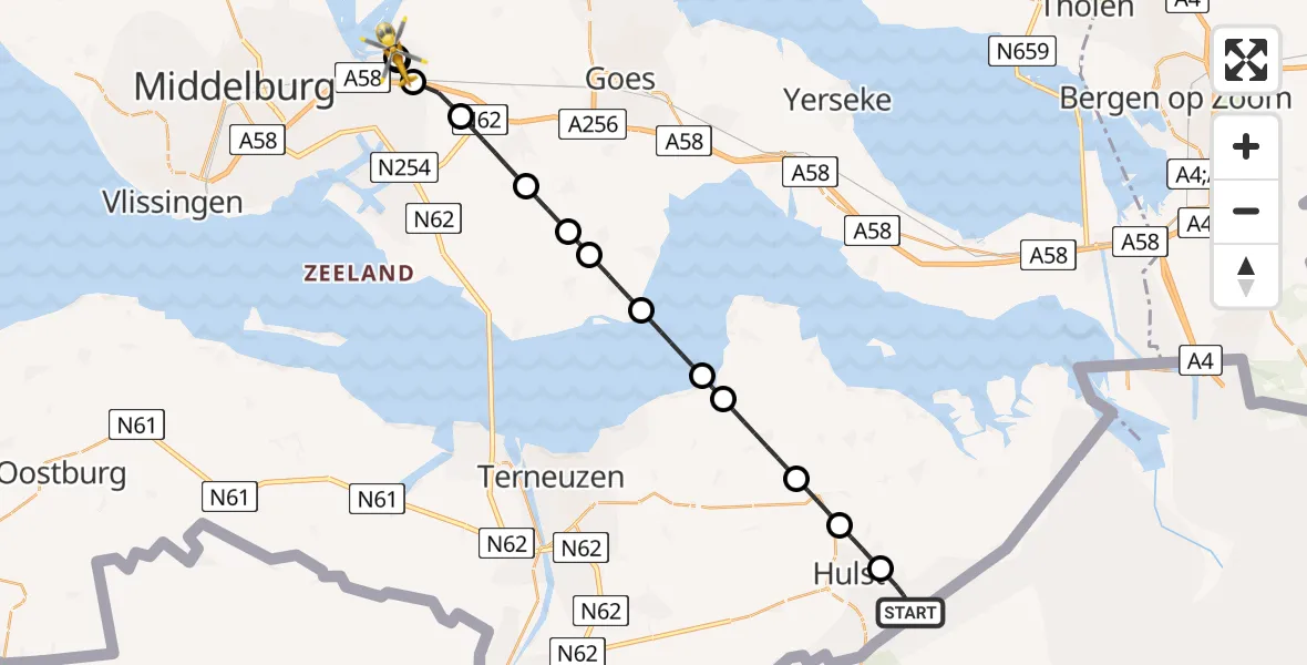 Vluchtroute Traumahelikopter van Clinge naar Vliegveld Midden-Zeeland