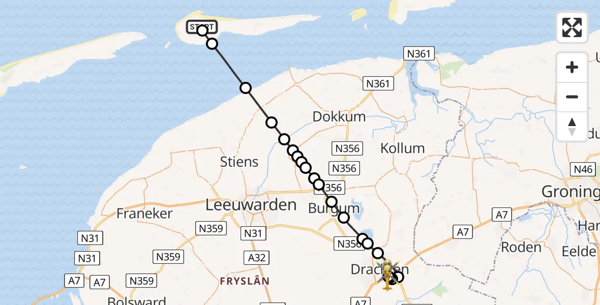 Vluchtroute Ambulancehelikopter van Ameland Vliegveld Ballum naar Nij Smellinghe Hospital Heliport