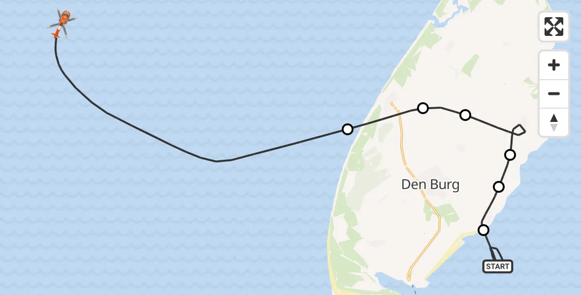 Vluchtroute Kustwachthelikopter van Waddenzee naar Noordzee
