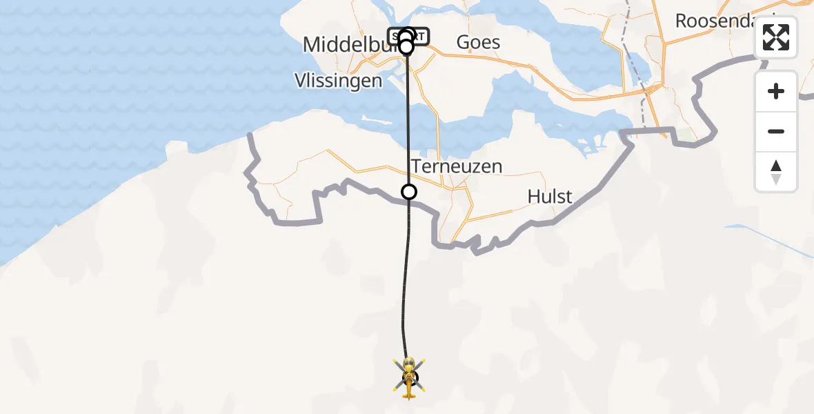 Vluchtroute Traumahelikopter van Vliegveld Midden-Zeeland naar Ghent/Industry Zone Heliport