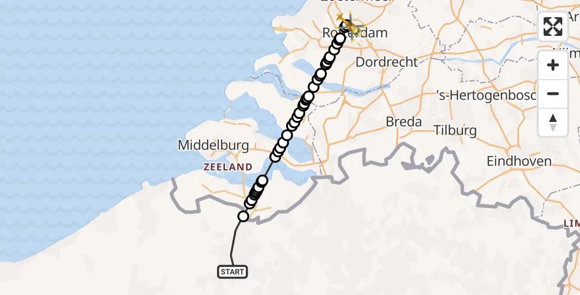 Vluchtroute Traumahelikopter van Ghent/Industry Zone Heliport naar Rotterdam The Hague Airport