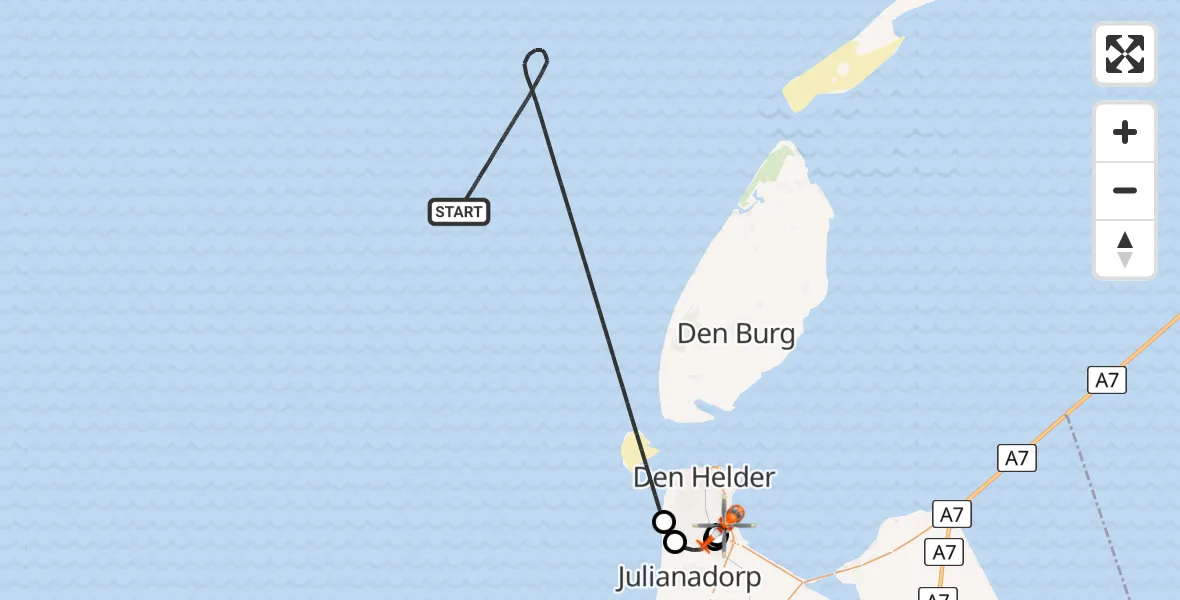 Vluchtroute Kustwachthelikopter van Noordzee naar Militair vliegveld De Kooy / Den Helder Airport