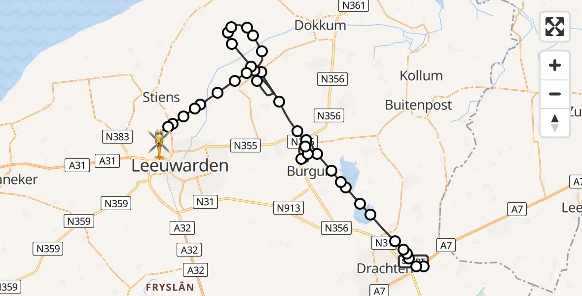 Vluchtroute Ambulancehelikopter van Vliegveld Drachten naar Vliegbasis Leeuwarden