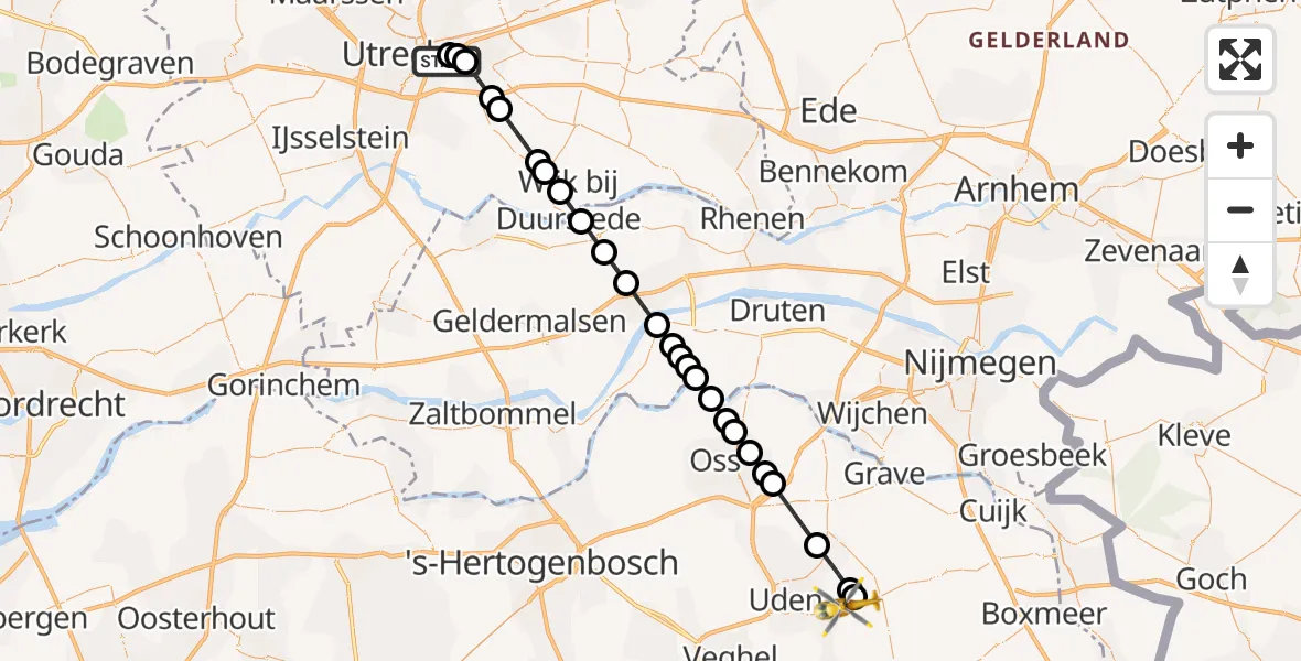 Vluchtroute Traumahelikopter van Universitair Medisch Centrum Utrecht naar Vliegbasis Volkel