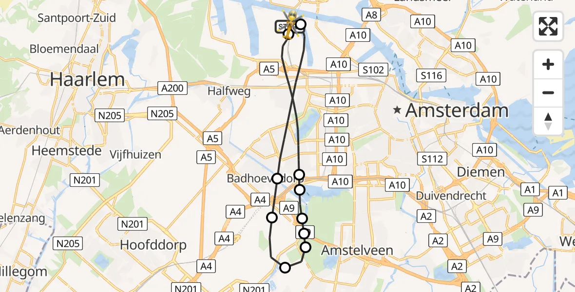Vluchtroute Traumahelikopter van Amsterdam Heliport naar Amsterdam Heliport