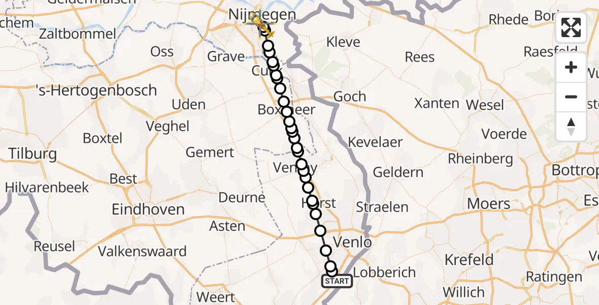 Vluchtroute Traumahelikopter van Belfeld naar Radboud University Medical Center Heliport