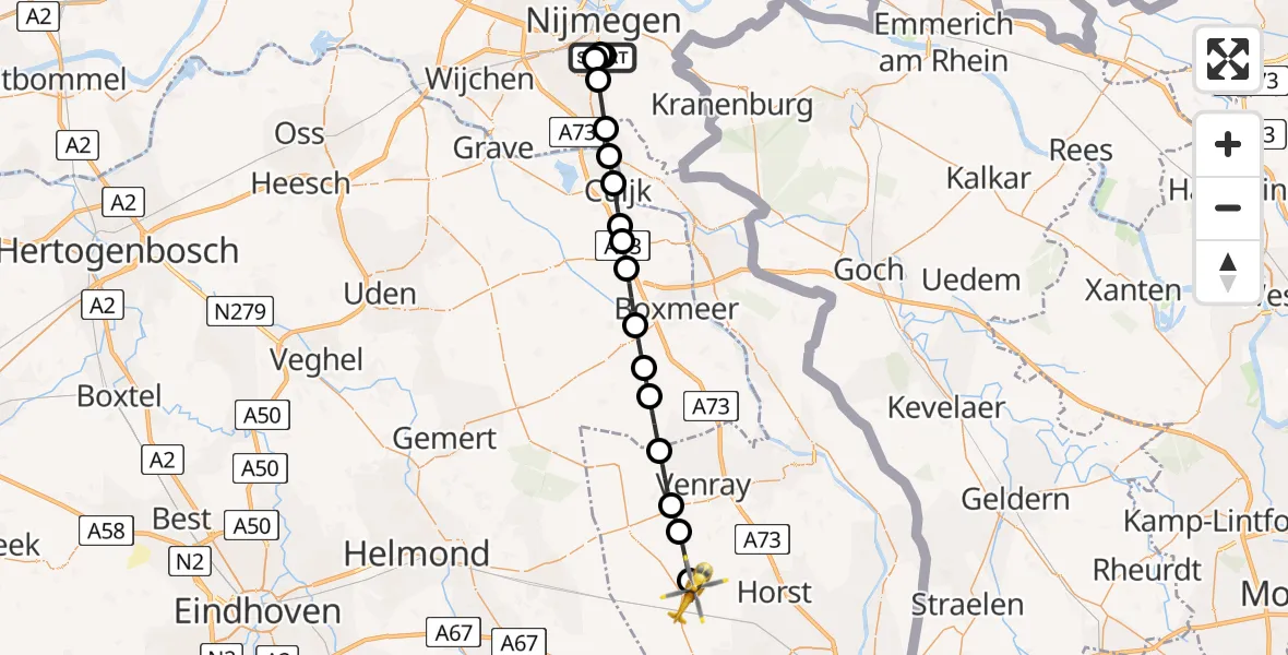 Vluchtroute Traumahelikopter van Radboud Universitair Medisch Centrum naar America