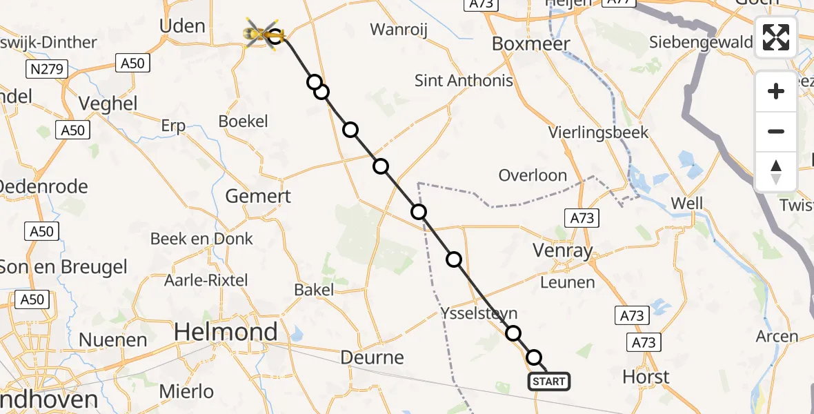 Vluchtroute Traumahelikopter van America naar Vliegbasis Volkel