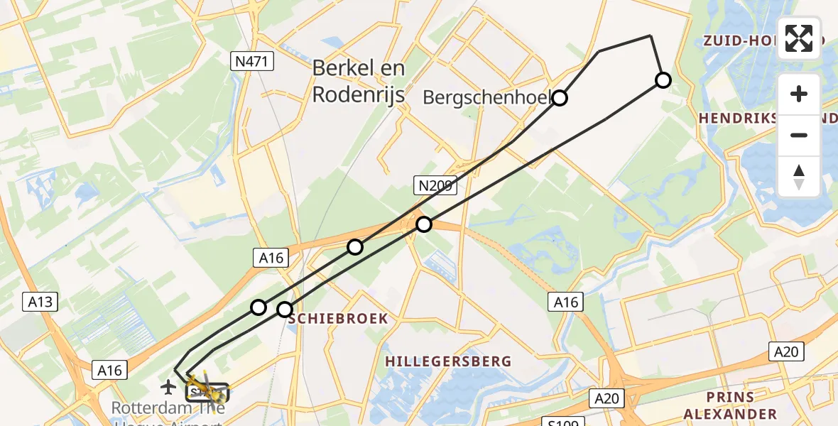 Vluchtroute Traumahelikopter van Rotterdam The Hague Airport naar Rotterdam The Hague Airport