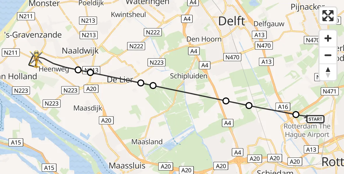 Vluchtroute Traumahelikopter van Rotterdam The Hague Airport naar 's-Gravenzande