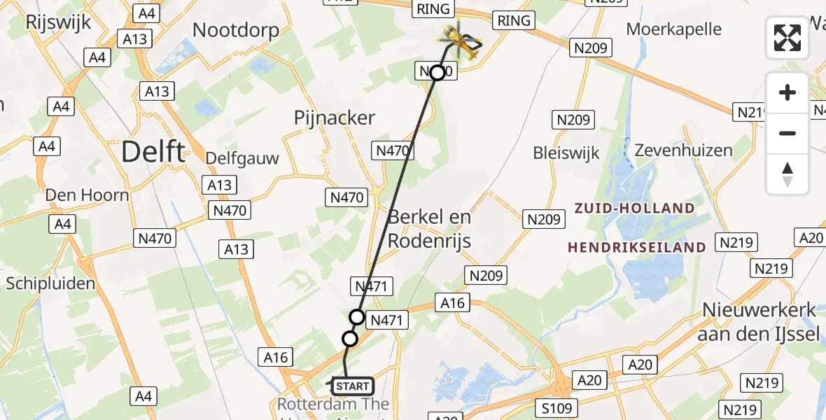 Vluchtroute Traumahelikopter van Rotterdam The Hague Airport naar Zoetermeer
