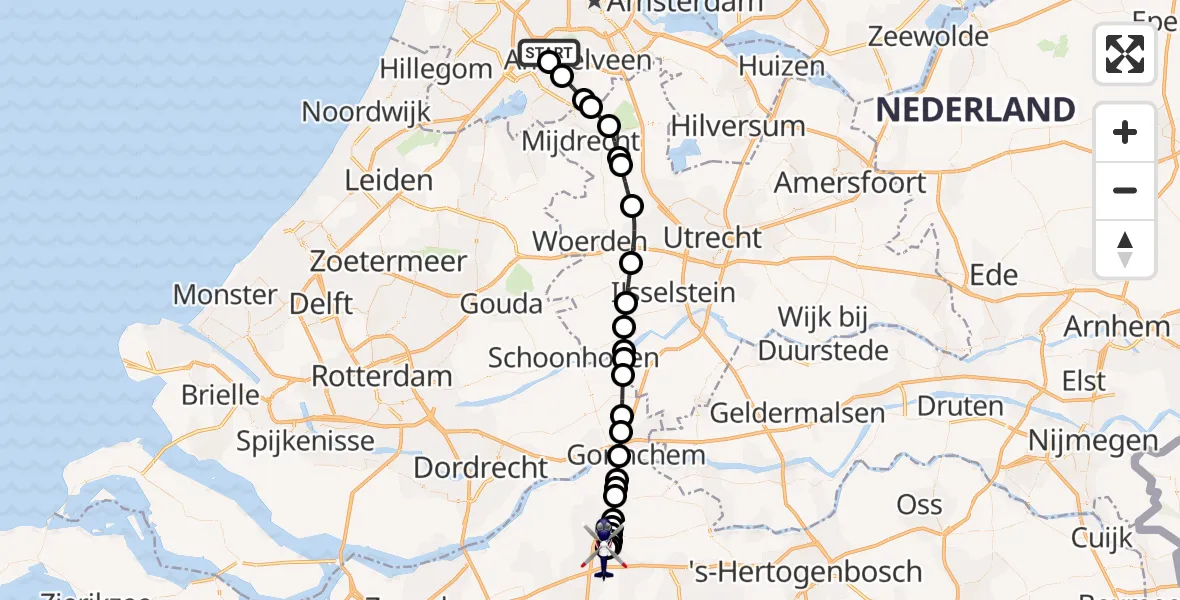 Vluchtroute Politiehelikopter van Amsterdam Vliegveld Schiphol naar Raamsdonk