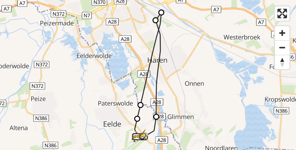 Vluchtroute Traumahelikopter van Groningen Airport Eelde naar Groningen Airport Eelde