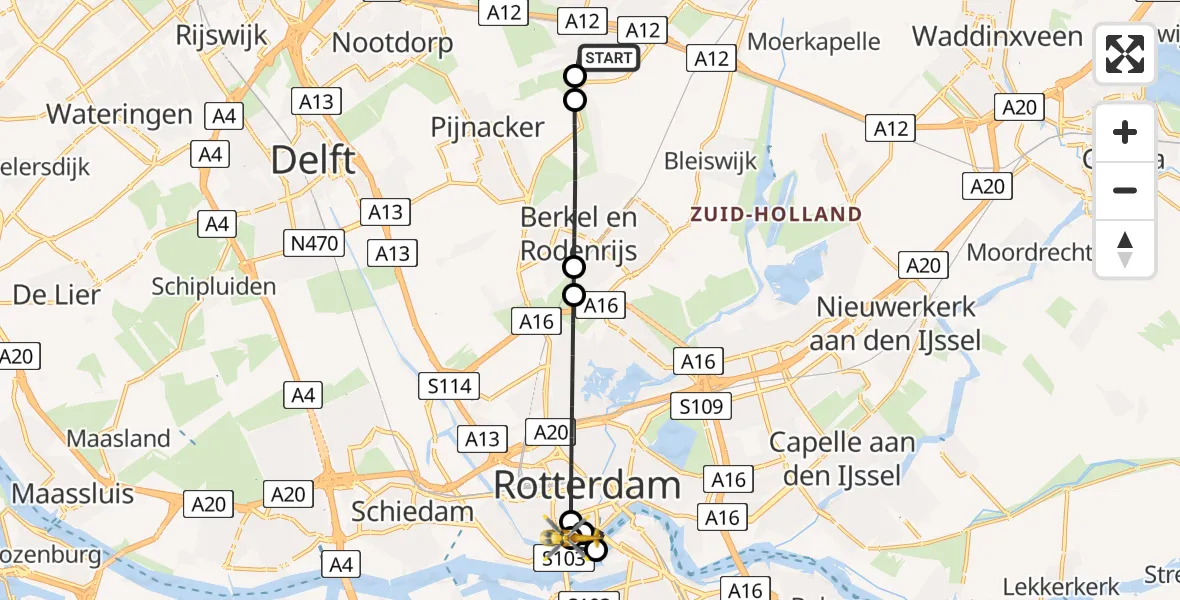 Vluchtroute Traumahelikopter van Zoetermeer naar Leids Universitair Medisch Centrum (LUMC)