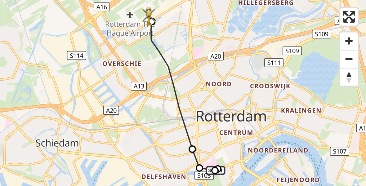 Vluchtroute Traumahelikopter van Leids Universitair Medisch Centrum (LUMC) naar Rotterdam The Hague Airport