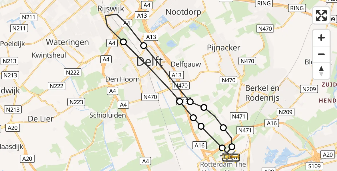 Vluchtroute Traumahelikopter van Rotterdam The Hague Airport naar Rotterdam The Hague Airport