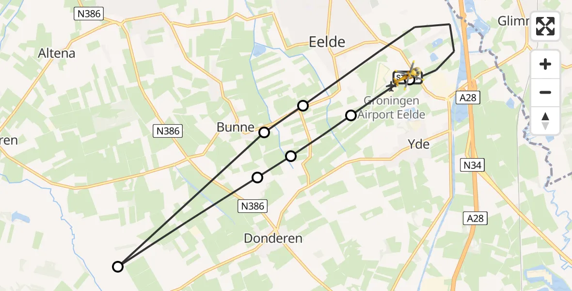 Vluchtroute Traumahelikopter van Groningen Airport Eelde naar Groningen Airport Eelde