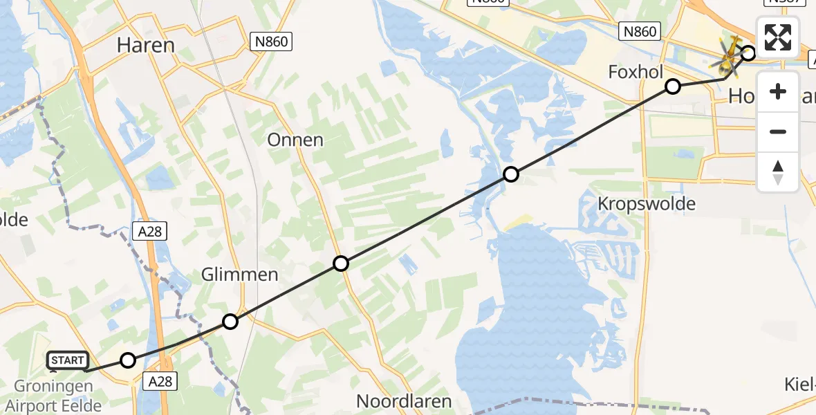Vluchtroute Traumahelikopter van Groningen Airport Eelde naar Kolham