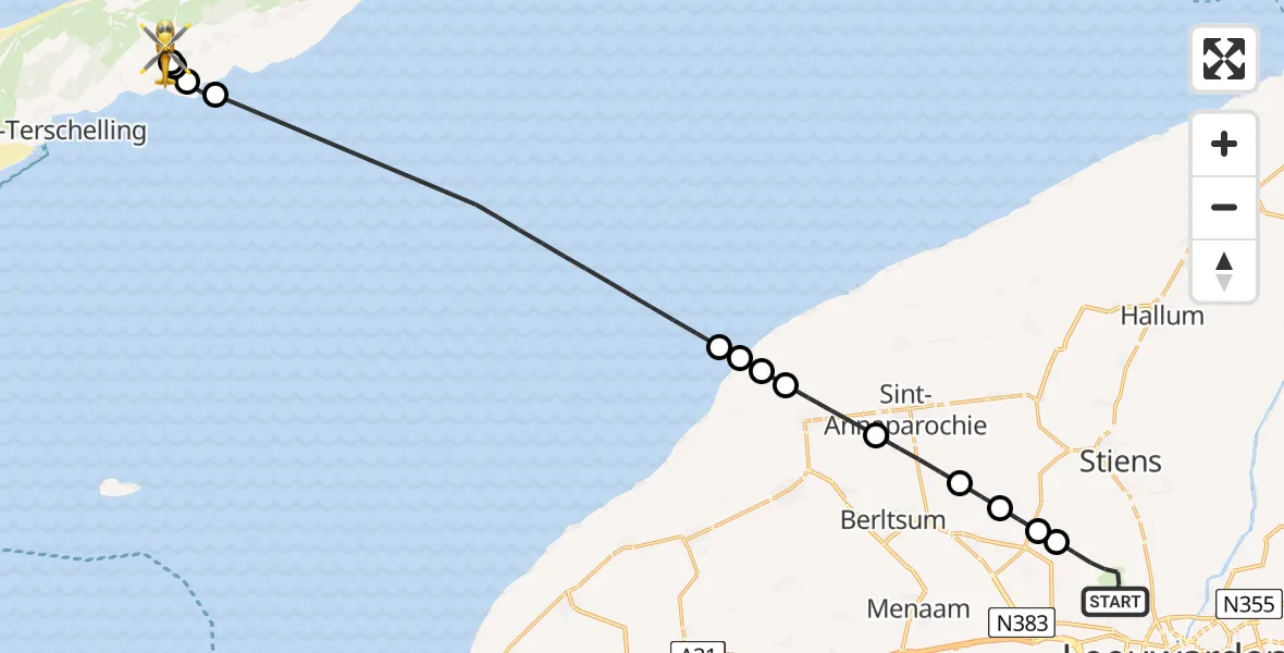 Vluchtroute Ambulancehelikopter van Vliegbasis Leeuwarden naar Terschelling Heliport