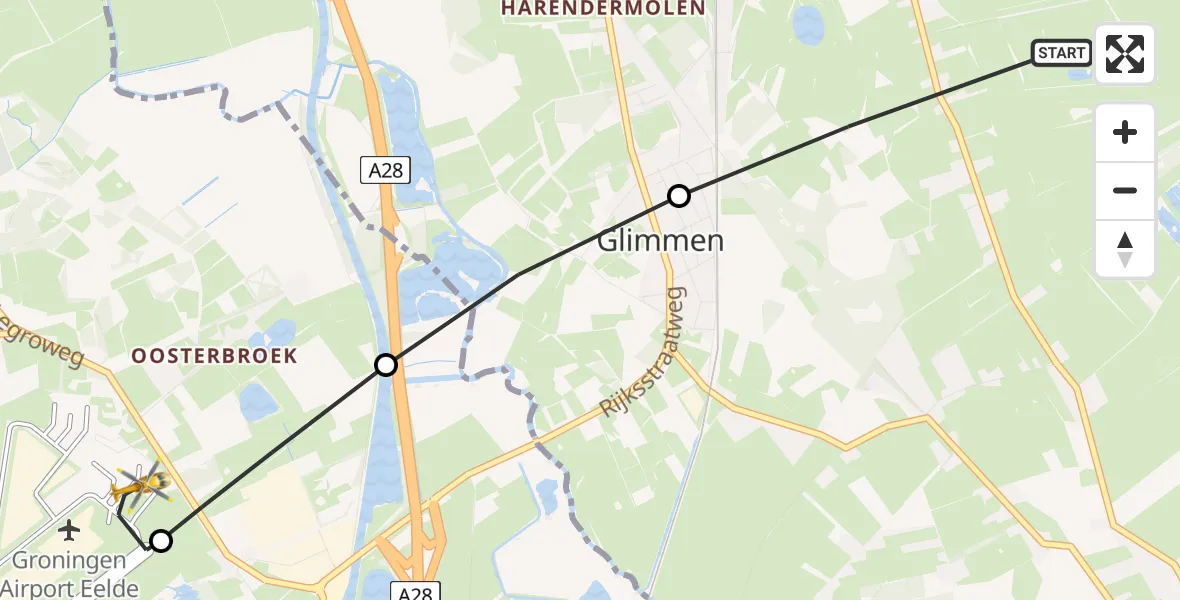 Vluchtroute Traumahelikopter van Onnen naar Groningen Airport Eelde