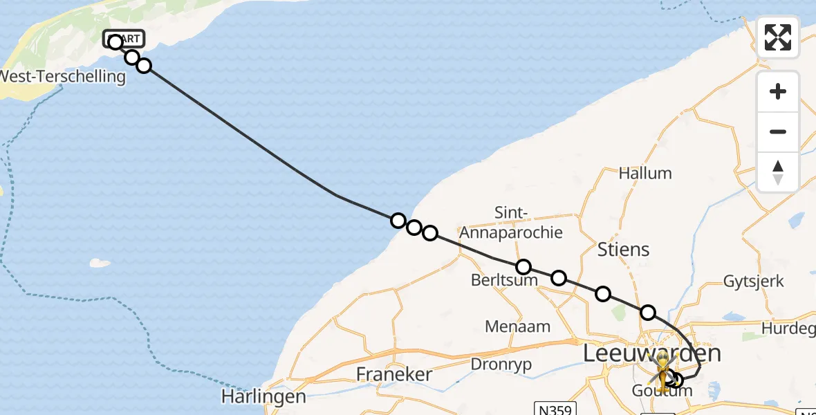 Vluchtroute Ambulancehelikopter van Terschelling Heliport naar Leeuwarden Medical Center Heliport