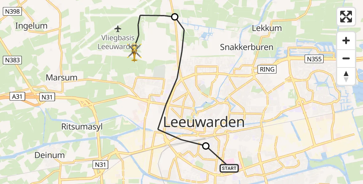 Vluchtroute Ambulancehelikopter van Leeuwarden Medical Center Heliport naar Vliegbasis Leeuwarden