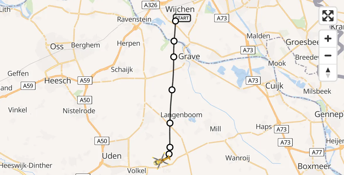 Vluchtroute Traumahelikopter van Wijchen naar Vliegbasis Volkel