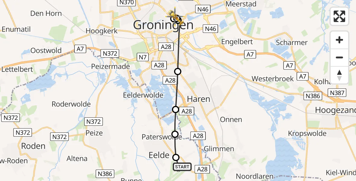 Vluchtroute Traumahelikopter van Groningen Airport Eelde naar Universitair Medisch Centrum Heliport