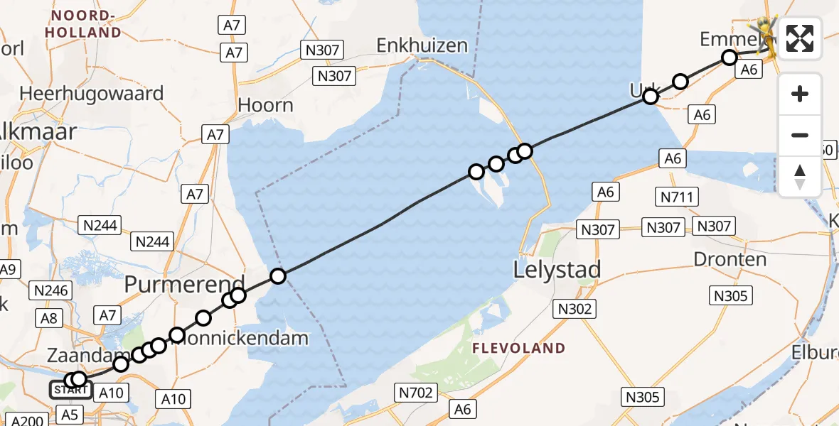 Vluchtroute Traumahelikopter van Amsterdam Heliport naar Emmeloord