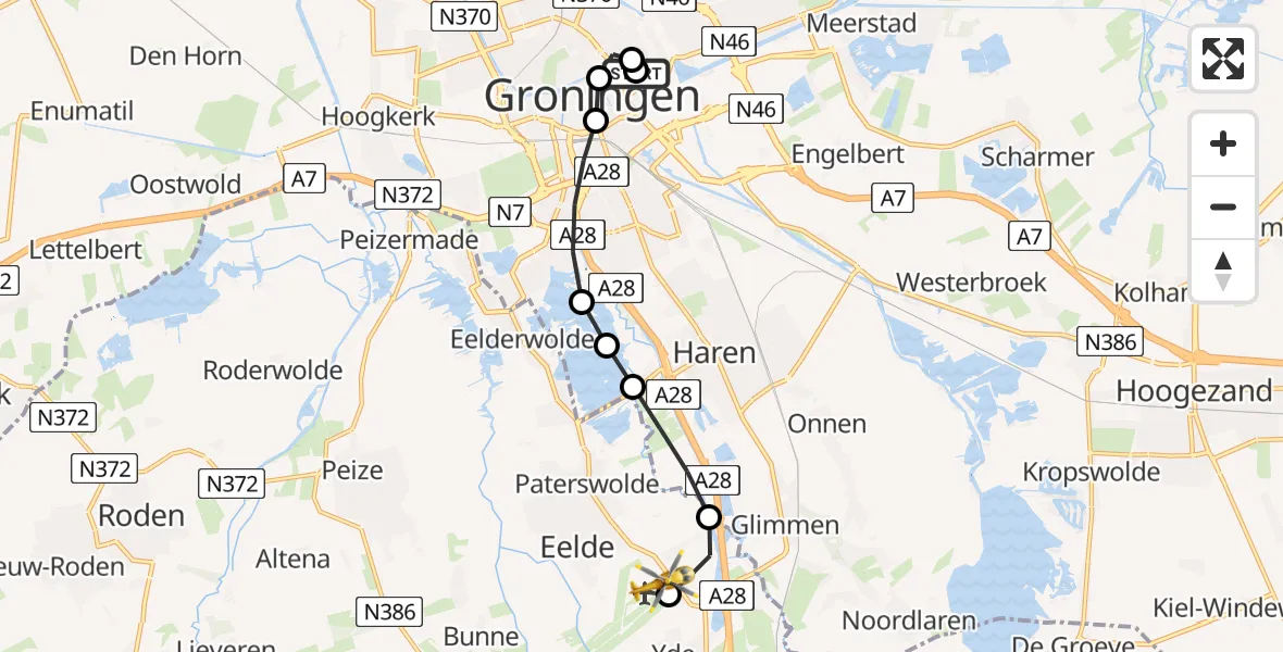 Vluchtroute Traumahelikopter van Universitair Medisch Centrum Groningen naar Groningen Airport Eelde