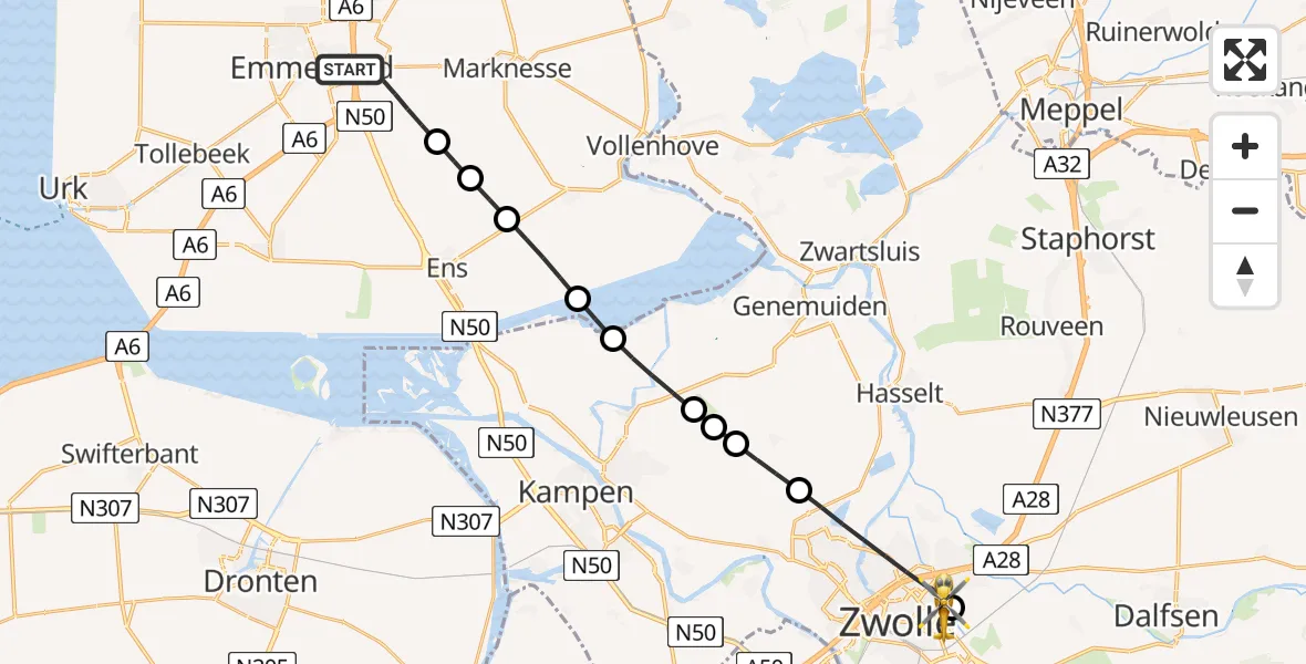 Vluchtroute Traumahelikopter van Emmeloord naar Isala Hospital Zwolle Heliport