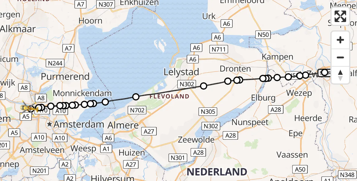 Vluchtroute Traumahelikopter van Isala Hospital Zwolle Heliport naar Amsterdam Heliport