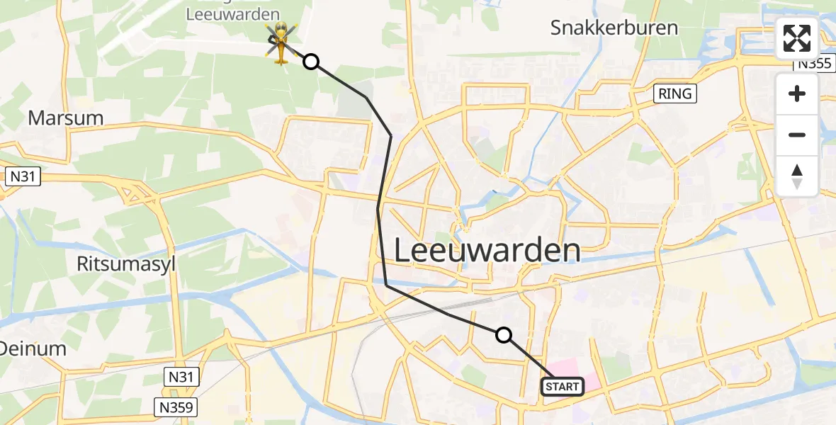 Vluchtroute Ambulancehelikopter van Leeuwarden Medical Center Heliport naar Vliegbasis Leeuwarden