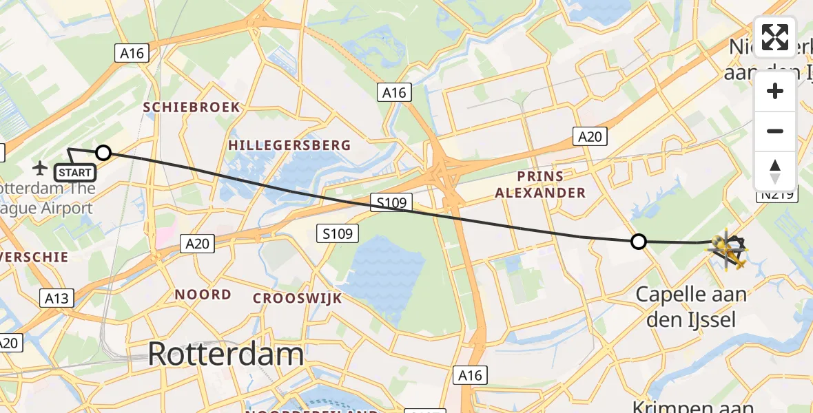 Vluchtroute Traumahelikopter van Rotterdam The Hague Airport naar Capelle aan den IJssel