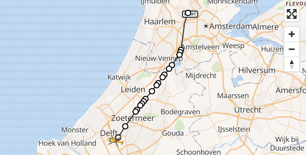 Vluchtroute Traumahelikopter van Amsterdam Heliport naar Delfgauw